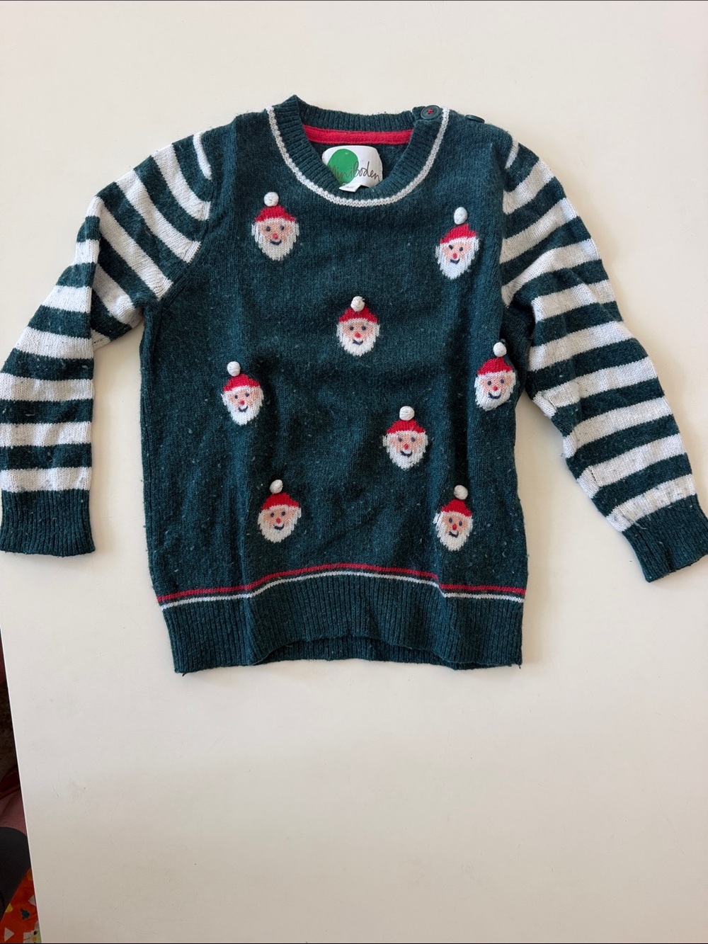 Mini Boden Dark Green Santa Knit Sweater with Striped Sleeves